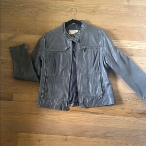 Michael Kors Gray Leather Jacket with Collared Neckline and Zipper Closure